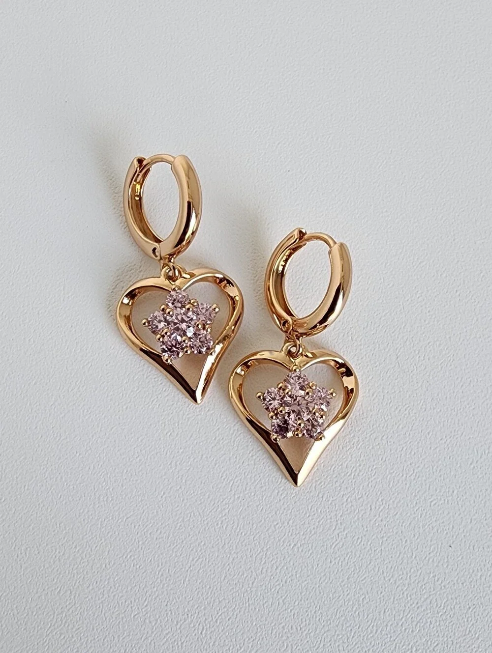 Rose Gold Plated Heart Drop Earrings Pink CZ Crystal Dangle Hoops